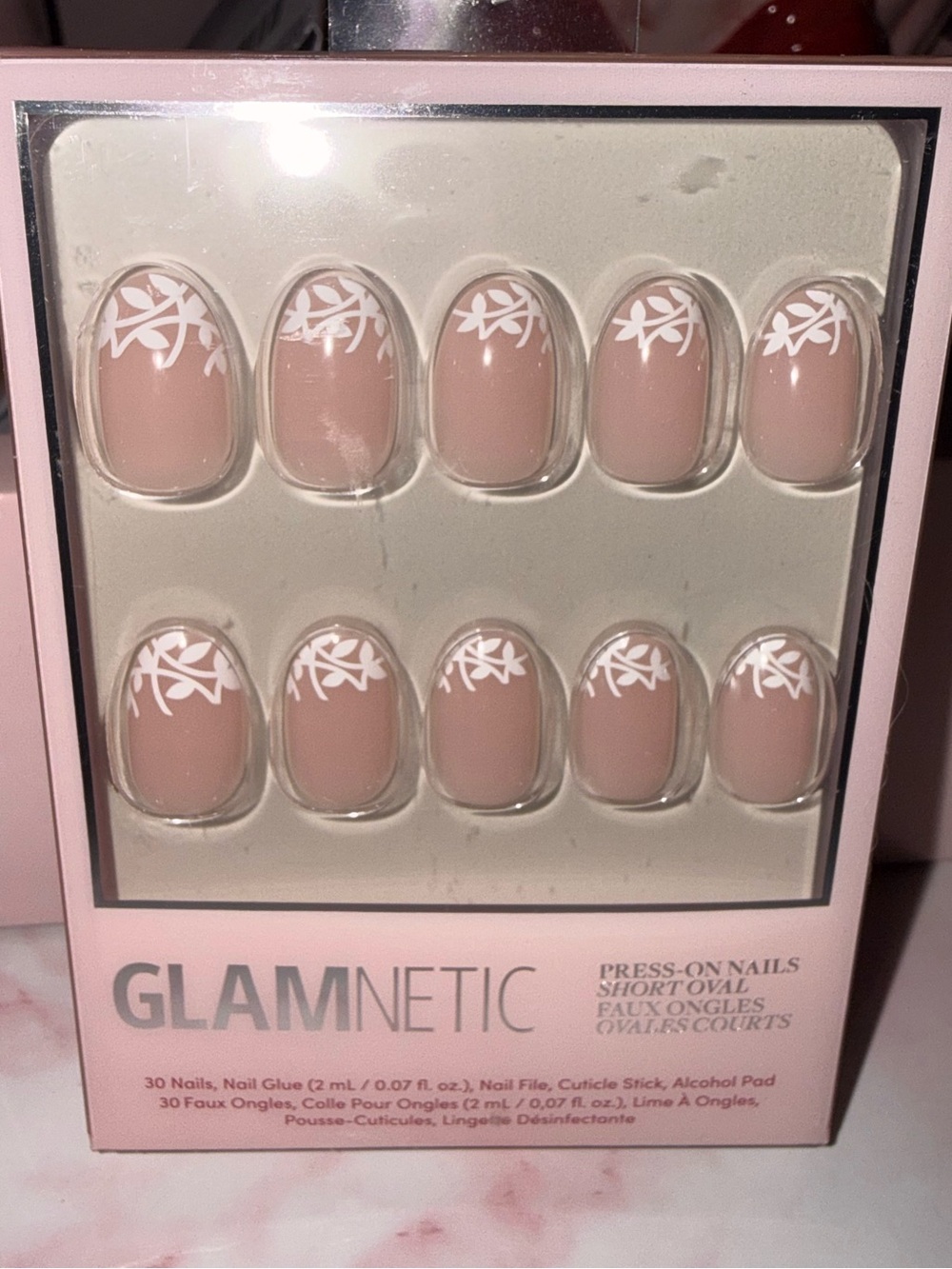 Glamnetic “Love Preserved” Nude Pink Press-On Nails with White Floral Accent